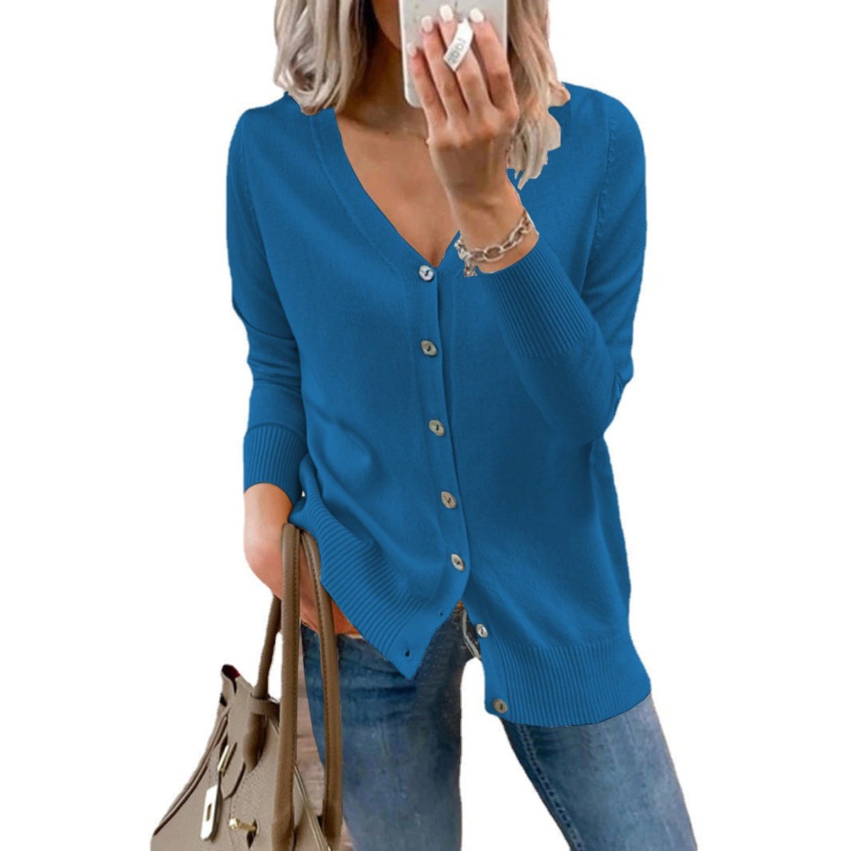 Women's Long-Sleeve V-Neck Button-Through Cardigan