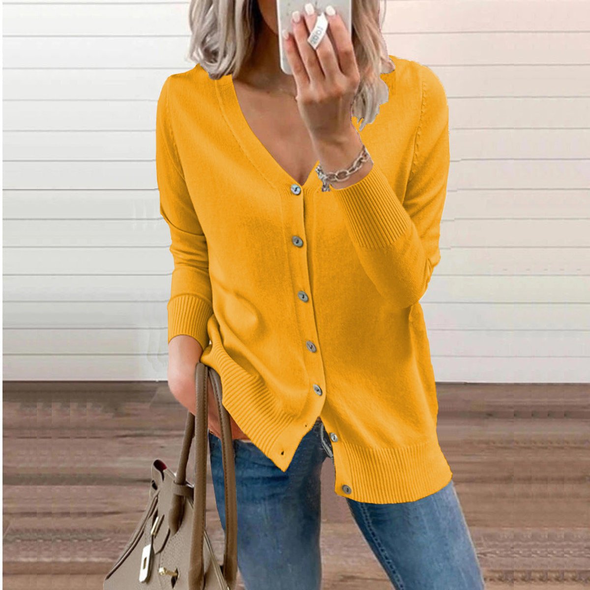 Women's Long-Sleeve V-Neck Button-Through Cardigan
