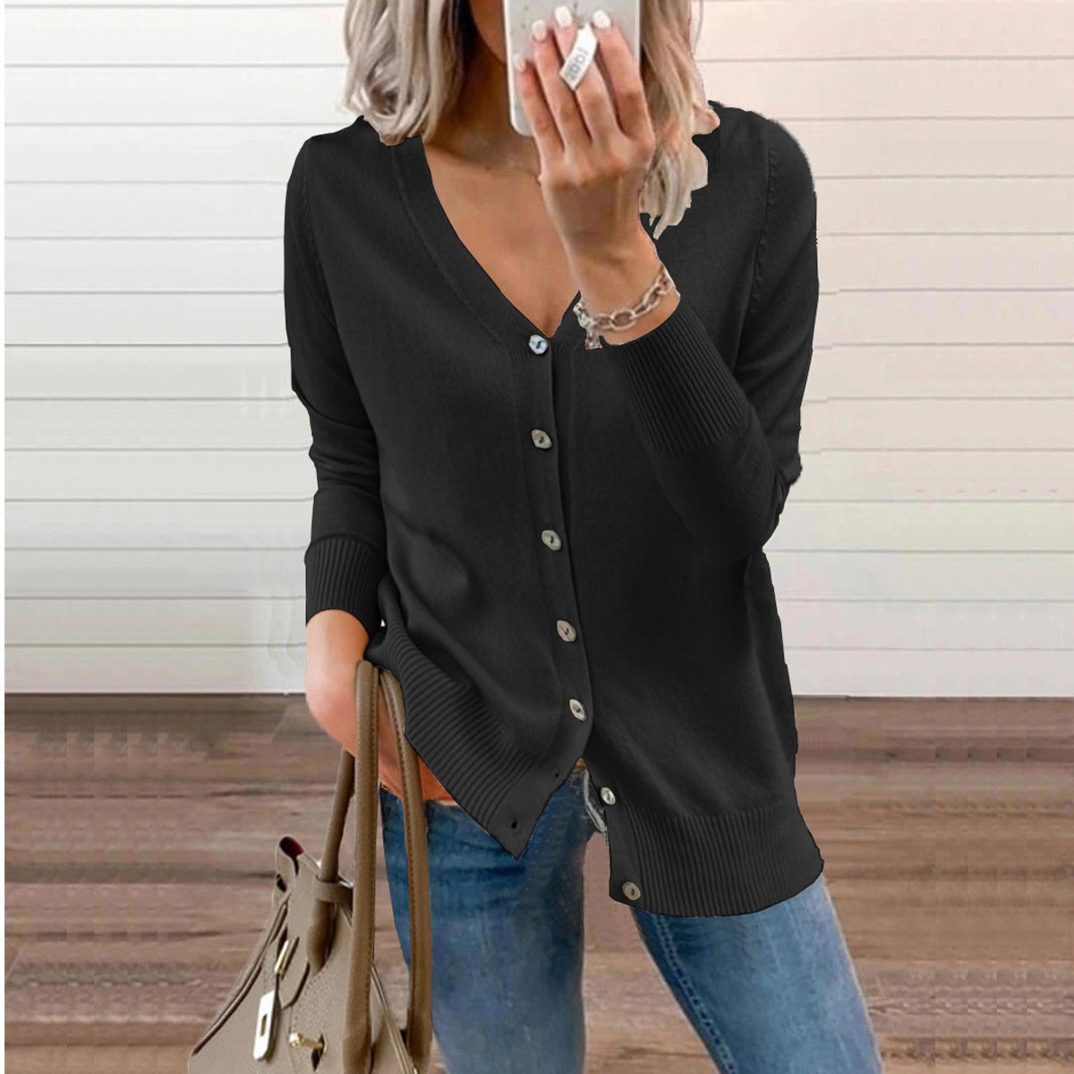 Women's Long-Sleeve V-Neck Button-Through Cardigan