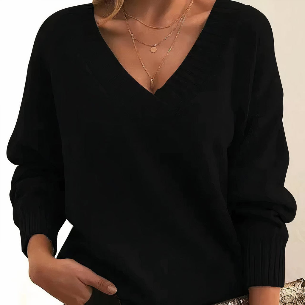 Women's Fine Knit Long-Sleeve V-Neck Pullover