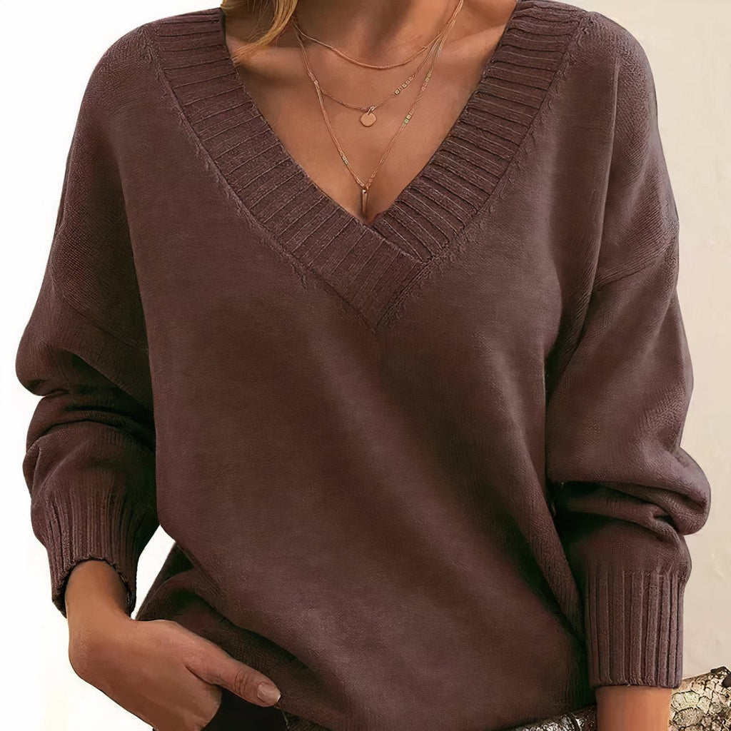 Women's Fine Knit Long-Sleeve V-Neck Pullover