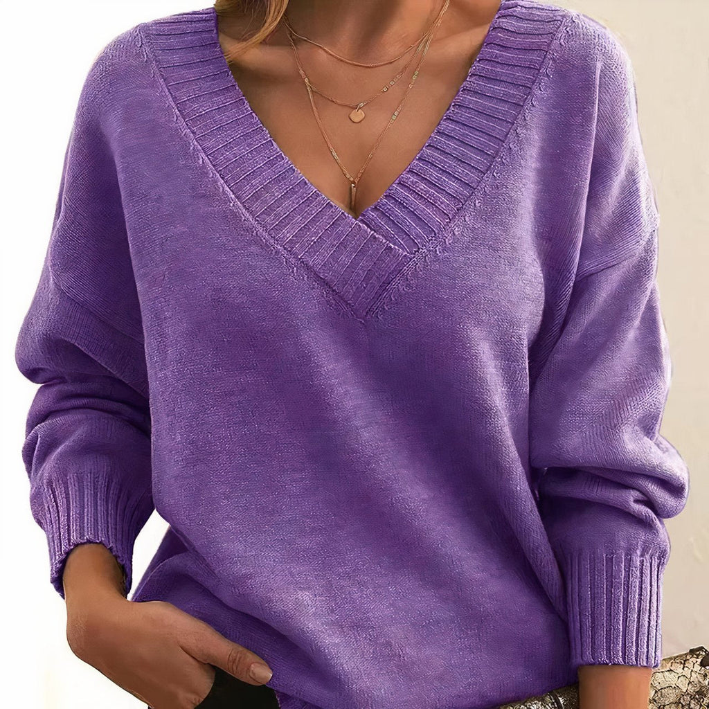 Women's Fine Knit Long-Sleeve V-Neck Pullover