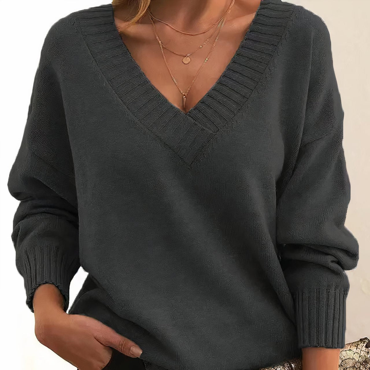 Women's Fine Knit Long-Sleeve V-Neck Pullover