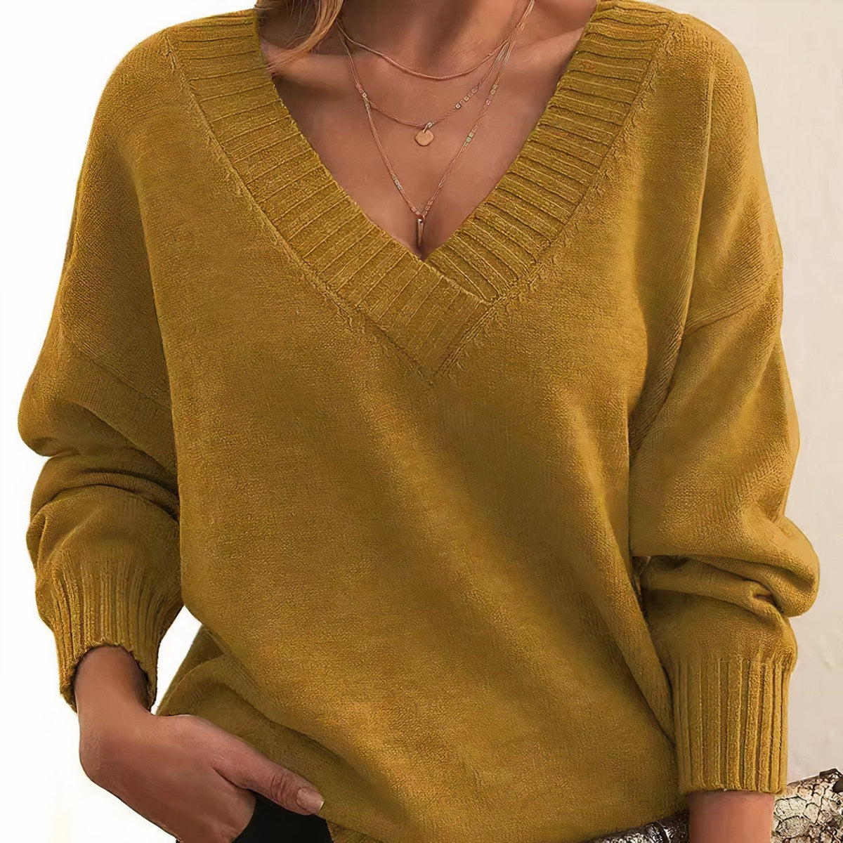 Women's Fine Knit Long-Sleeve V-Neck Pullover