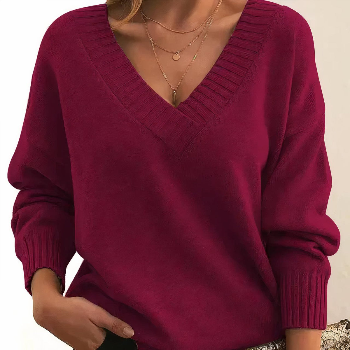 Women's Fine Knit Long-Sleeve V-Neck Pullover