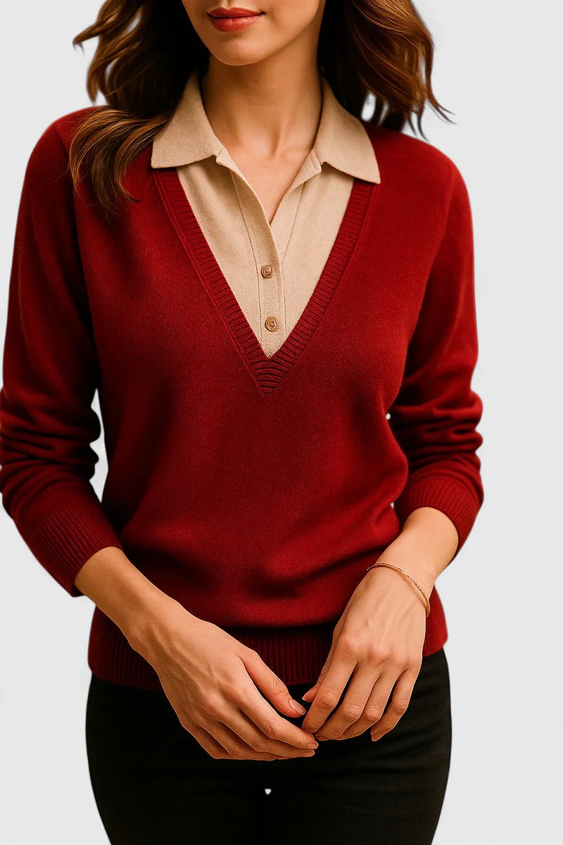 Women's Collared V-Neck Knit Pullover