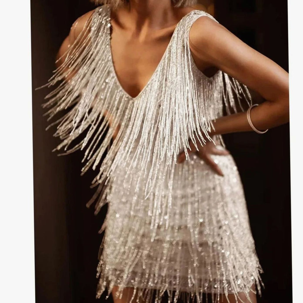 Women's Fringed Sequin V-Neck Party Mini Dress