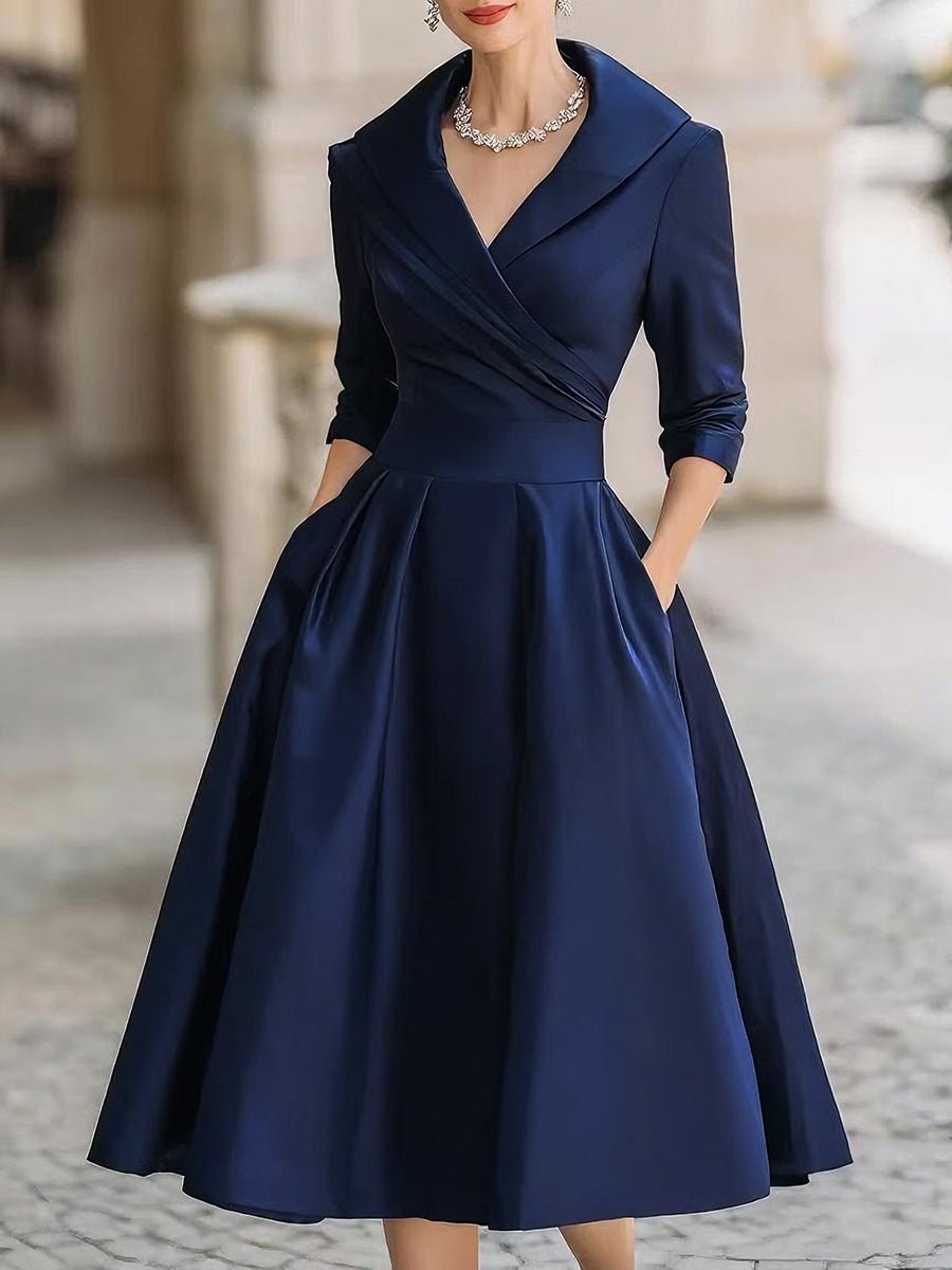 Women's Vintage-Style Pleated A-Line Wrap Midi Dress
