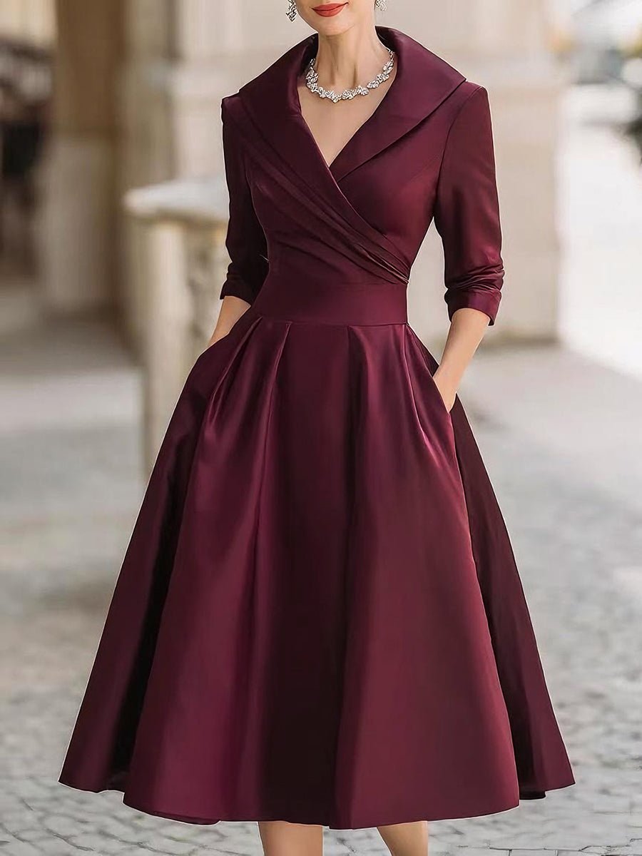 Women's Vintage-Style Pleated A-Line Wrap Midi Dress