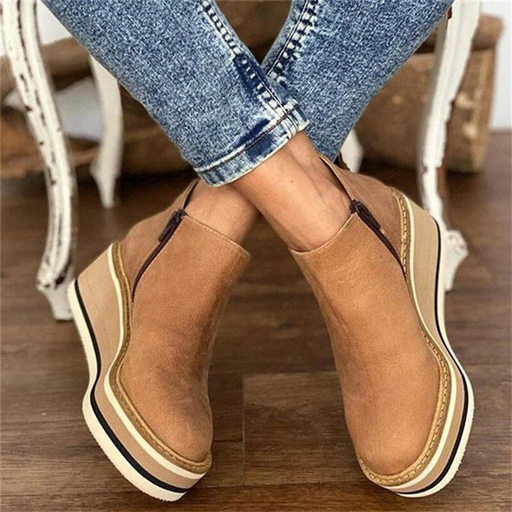 Women's Round-Toe Zip-Up Platform Wedge Boots