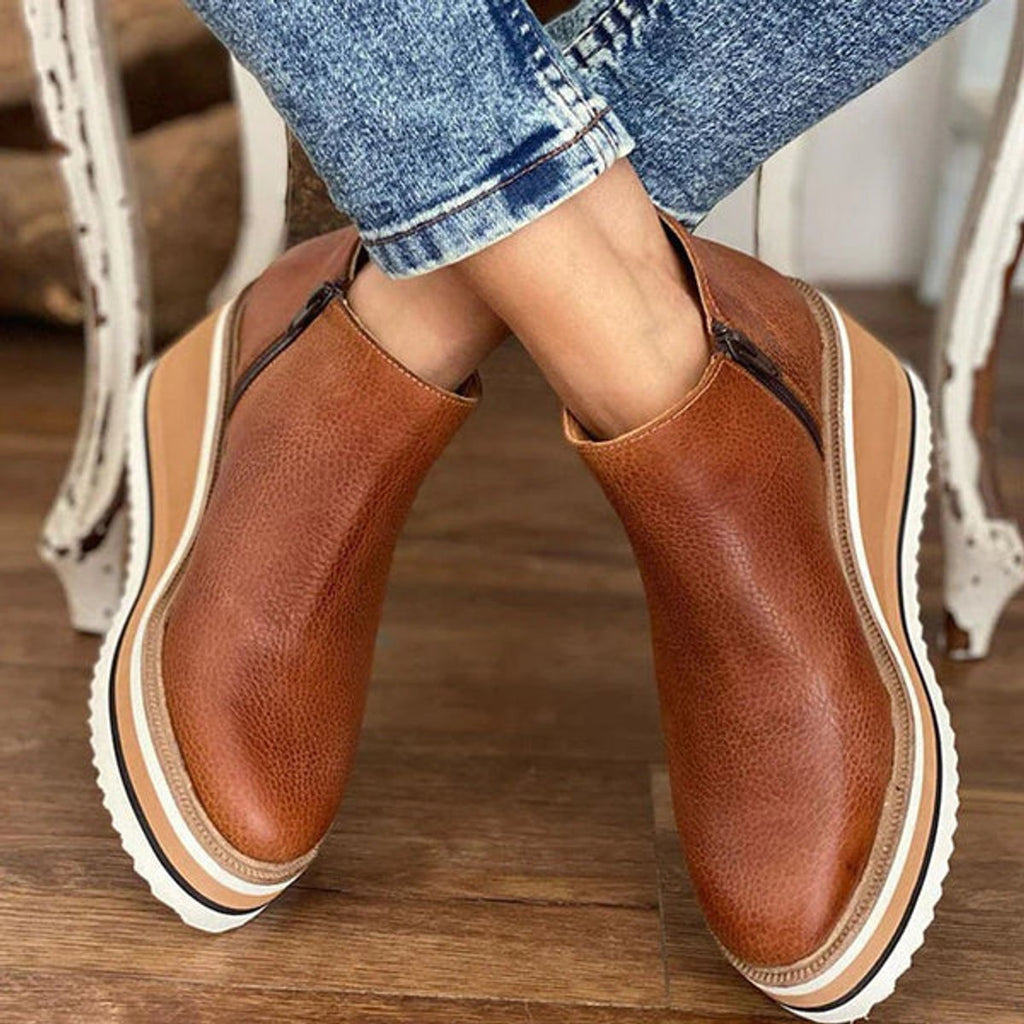 Women's Round-Toe Zip-Up Platform Wedge Boots