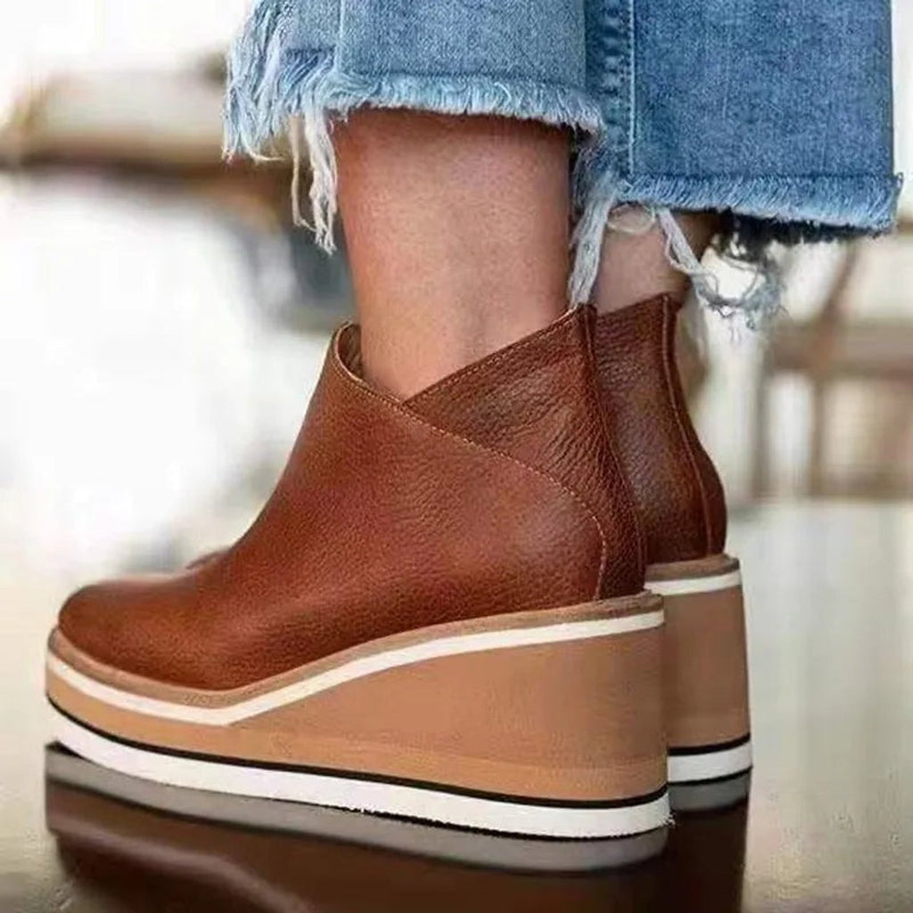 Women's Round-Toe Zip-Up Platform Wedge Boots