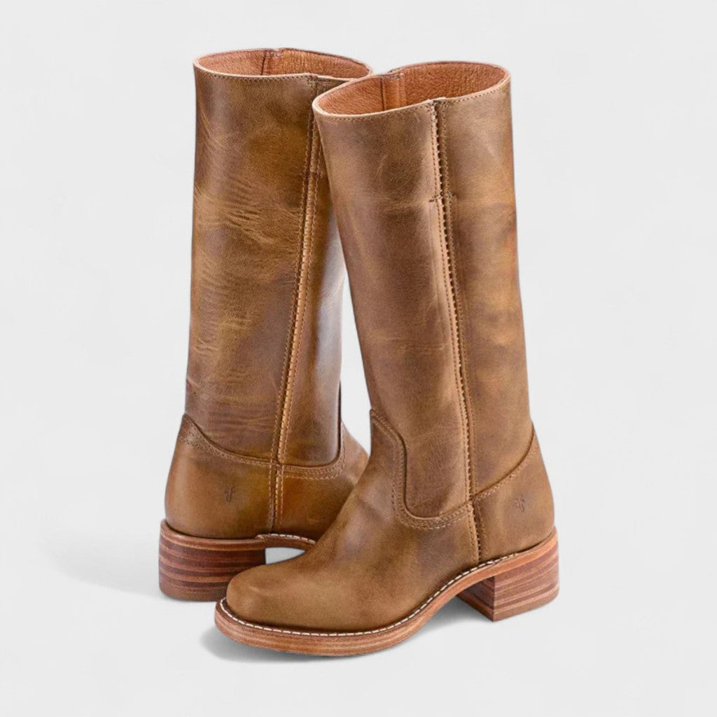 Women's Leather Block Heel Western Knee-High Boots